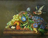 Zátiší s květinami, ovocem a ptáčkem